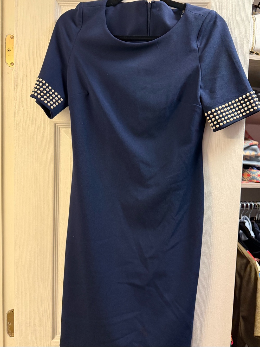 Karl Lagerfeld Navy Midi Dress with Pearl-Embellished Sleeves